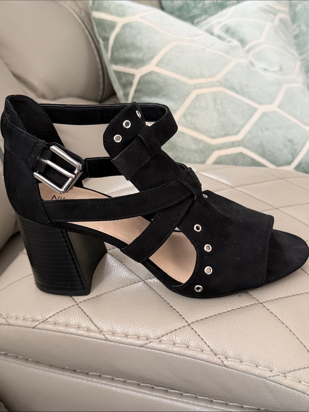 Nine West Black Suede Grommet Strappy Peep-Toe Heels